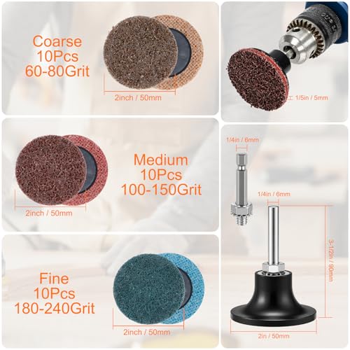 30 Pcs Quick Change Surface Prep Discs, 2 Inch 3-Grit (Coarse to Extra Fine) Aluminium Oxide Nylon Roll Lock Sanding Discs, with 1/4" Round & Hex Shank, for Die Grinder, Grinding, Polishing - color: Mix 30 PCS