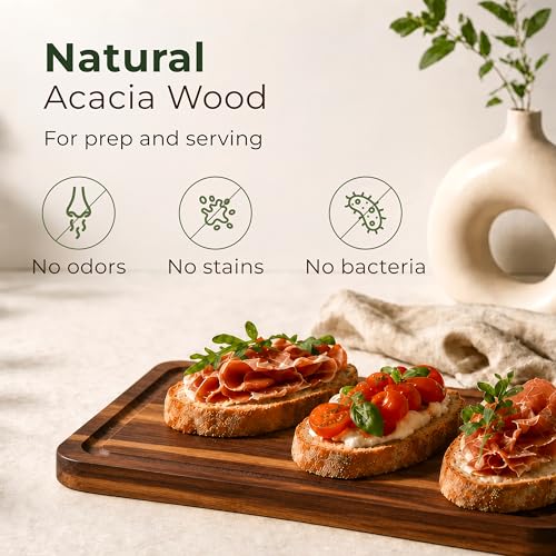 Acacia Wood Cutting Board Set of 3 with Holder, Juice Grooves & Handles