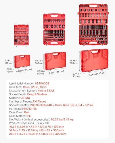 VEVOR 210 Piece Impact Socket Set, 1/4, 3/8, 1/2 Inch Drive - size: 1/2" 3/8" 1/4" 210 PCS