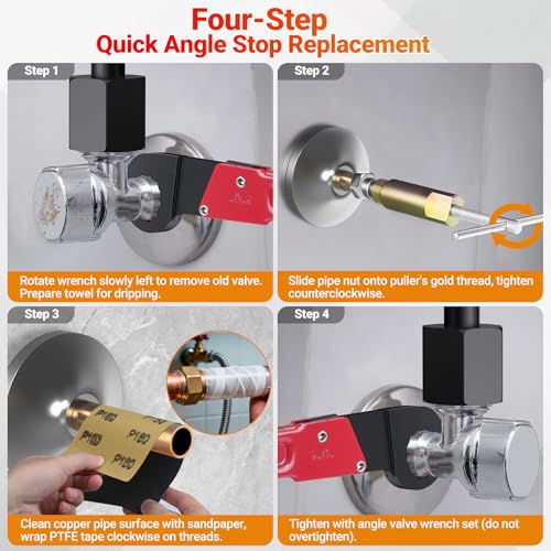 Preciva 9PCS Angle Stop Wrench Kit,2-in-1 Faucet Wrench with 5 Sandpapers &1 Storage Bag Plumbing Tool Set for Removing and Installing Angle Valves DIY & Experts