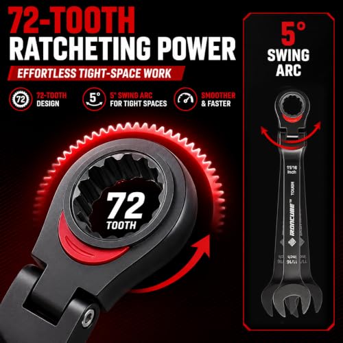 ironcube Black Ratcheting Combination Wrench Set: 11-Piece SAE 1/4–3/4 Inch – 180° Flex Head & 72-Tooth – CR-V Steel – Retro Waxed Canvas Roll for Motorcycle & Automotive Repair Tools - size: 11-Piece SAE Flex-Head