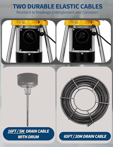 500W 400 RPM Auto Feed Electric Drain Cleaner Machine (66FT x 5/8" + 16FT x 3/8", Yellow and Sliver) - color: Yellow and Sliver
