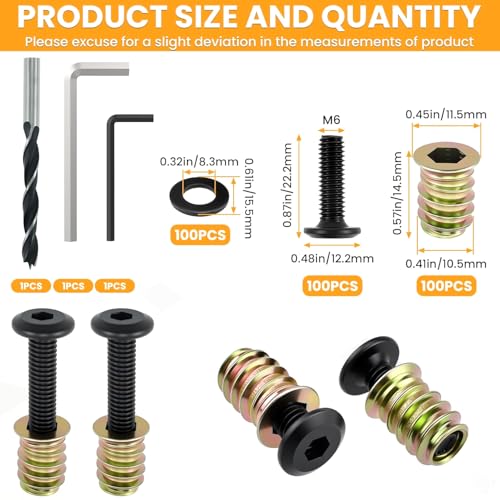 100 Sets M6 x 19/32" Threaded Insert and Bolt for Wood - size: M6 x 19/32", 100 Sets
