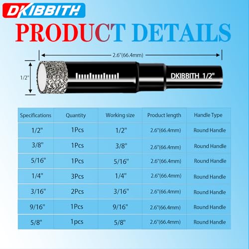 10pc Dry Diamond Core Drill Bits Set, Tile Drill bits for Ceramic Porcelain Marble Granite Stone Glass, Integrated Coolant for Dry Drilling, Round Shank, Size 3/16" 1/4" 5/16" 3/8" 1/2" 9/16" 5/8" - size: 10pc Diamond bits 3/16" to 5/8"