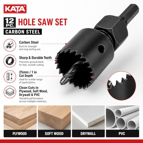 KATA 12-Pieces Hole Saw Kit 3/4"-2-1/2" for Soft Wood, Drywall, PVC in Case - color: 12PCS