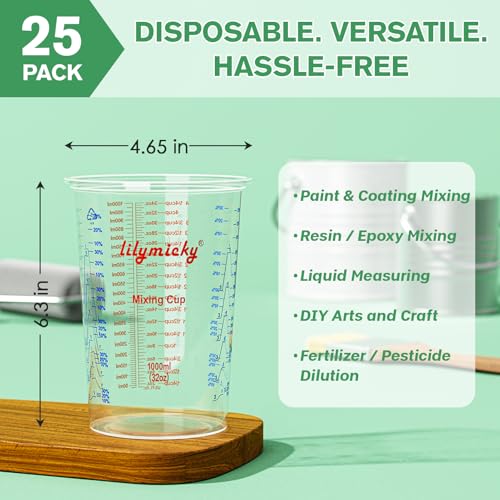 25 Pack Plastic Mixing Cups, 32 oz Disposable Mixing Cups