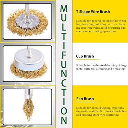 Keadic 9 Pieces Brass Wire Brushes Cup Wheels Brush Set with 1/4 Inch Shank, Polishing Attachment Die Grinder Rotary Tools Accessories for Cleaning Rust Corrosion