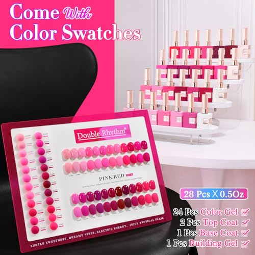 Double Rhythm 28Pcs 0.5Oz Gel Nail Polish Set Same Color Same Bottle Gel Polish Kit Nail Art Manicure Salon DIY at Home for Women (Bright Pitaya Pink Purple Red Collection-T24-13) - color: Bright Pitaya Pink Purple