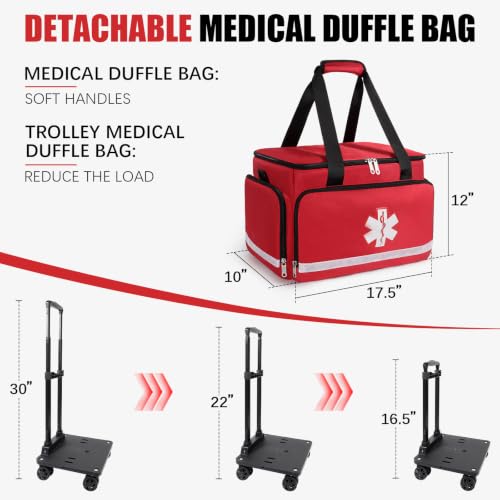 Medical Bag Rolling Roller Bag Trolley Duffel Nurses EMT CNA RN Empty for First Aid Responder Home Health Care Nursing Student Roll Duffle Bag Carry on Wheels Wheeled Work Physicians Doctor - color: Red