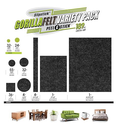 Slipstick Gorilla Felt Furniture Pads (189 Piece Variety Pack) Premium Furniture Pads & Chair Leg Floor Protectors for Hardwood Floors & Hard Surfaces - size: 189 Piece Variety Pack