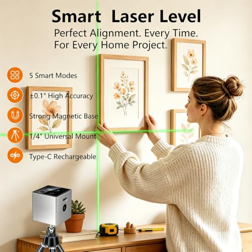 5-in-1 Digital Laser Level with Tripod, Magnetic Base & USB Rechargeable, Mini Angle Finder & Protractor, ±0.1° High Precision Cross Line Laser, Green/Red Beam for Picture Hanging,Tiling & DIY - color: Grey