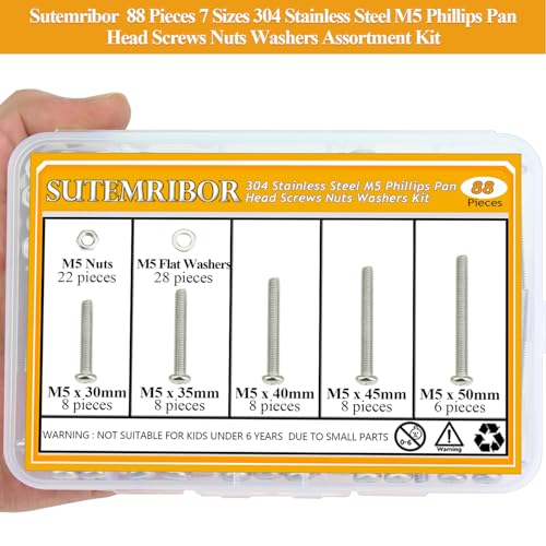 88 Pieces M5 x 30/35/40/45/50mm Machine Screws Nuts Washers Set, Sutemribor M5 Long Screws, M5 Phillips Pan Head Machine Screws Nuts Washers Assortment Kit, 304 Stainless Steel, Fully Threaded - size: M5 Long Screws Kit, style: Phillips Pan Head