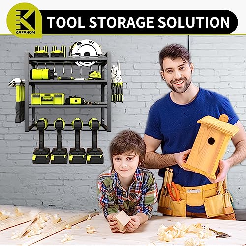 KAFAHOM Power Tool Organizer,4 Layer Drill Holders Wall Mount,Heavy Duty Metal Organizers and Storage Rack for Garage Organization,Tools Shelves with Screwdriver Plier/Hammer Holder, Black - color: Black-1Pack, size: 4-Drill 1 Pack