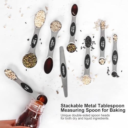 Magnetic Measuring Spoons Set with Leveler, Stackable Stainless Steel Tablespoons for Baking, Fits in Spice Jars - color: Silver