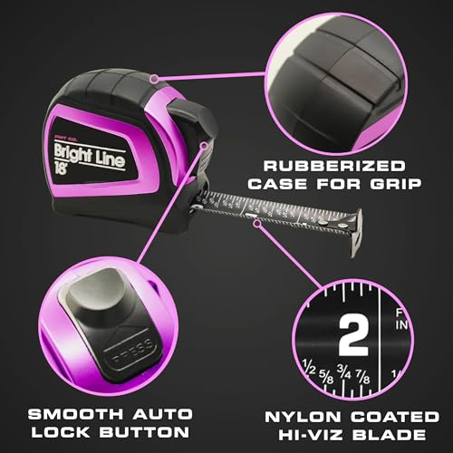 Perfect Measuring Tape - Pink BrightLine High Contrast EasyRead Tape Measure for Low Light (Dark Mode) - Rubber Case 18ft (Inch Fractions) Dual Sided Auto Lock Tape Measure Retractable (Pink) - color: Pink