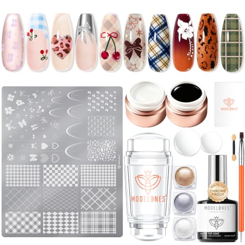 modelones 16Pcs Nail Stamping Kit French Tip Stamper Plaid Nail Stamp Plate - color: A A A1 Classic Plaid Elegance