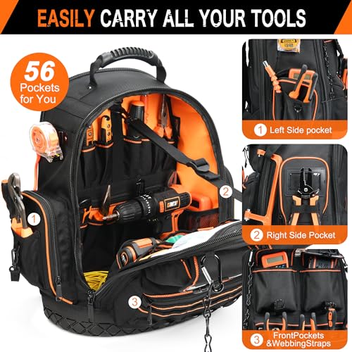 Tool Backpack with 2 Small Tool Bags – LOKASS Heavy Duty Backpack Tool Bag with Molded Base,1680D Tool Organizer with Laptop Compartment & Combination Lock, Water-Resistant Electrician & HVAC Tool Bag - color: Dark Black