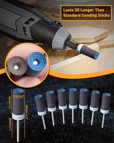 15Pcs 1200 Grit Sanding Drums Sandpaper Sticks Set for Dremel Rotary Tool with 1/8" Shank, Rotary Tool Accessories Suitable for Metal Rust Removal/Jade Polishing/Stone Grinding (1200 Grit) - size: 1200 Grit