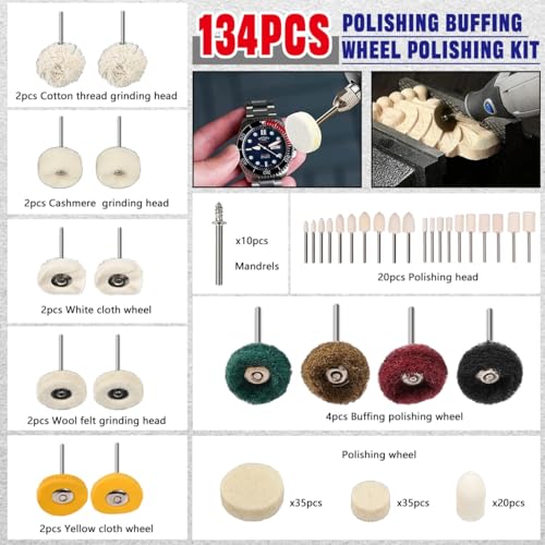 134PCS Polishing Buffing Wheel Polishing Kit,Polishing Wheel Rotary Tool with 1/8" Shank, Abrasive Wheel Buffing Polishing Wire Brushes Wool Felt Cotton Mounted Compatible with Dremel - color: 134PCS