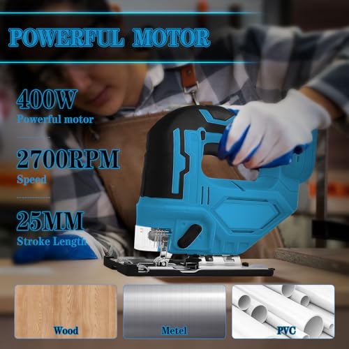 Cordless Jig Saw for Makita 18v Max Battery(Tool Only), Electric Jigsaw Cut Off Tool 400W 2700RPM 45° Beveled Cutting 3 Orbital Setting with 6 Blades for Straight/Curve/Circle Cutting (for Makita) - style: for Makita