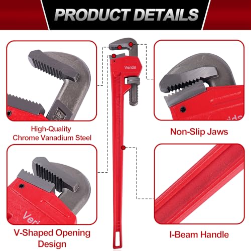 Verida Pipe Wrench 14 Inch, Plumbers Wrench, Chrome Vanadium Steel, Hardness 62HRC, for Water Pipes, Plumbing, Fire Protection Pipe Tools - size: 14 inch