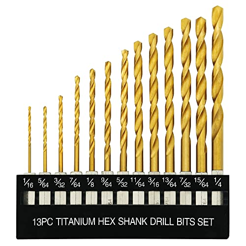 GMTOOLS 13 Pcs Titanium Coated Twist Hex Shank Drill Bit Set, 135 Degree Tip HSS Impact Drill Bit Set with Storage Case for Metal, Aluminum, Steel, Wood, Plastic, Quick Change Design 1/16" to 1/4" - style: 13PCS