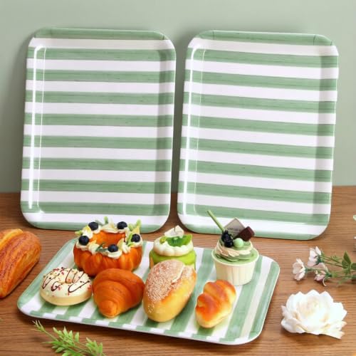 JarThenaAMCS 3Pcs Sage Green Stripe Serving Trays Hand Painted Striped Serving Dish Reusable Melamine Platter for Wedding Birthday Baby Shower Graduation Party Sharing Food Supplies