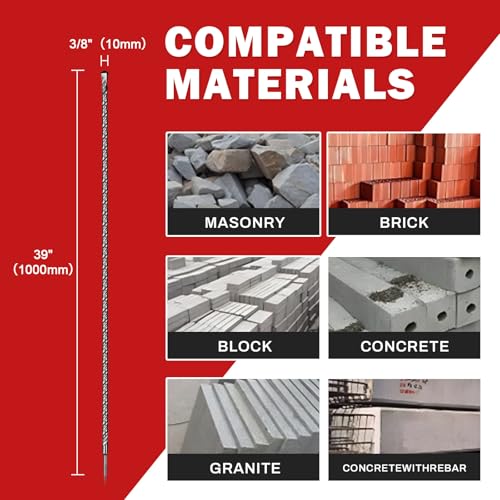 SDS Plus Rotary Hammer Drill Bit 3/8" x 39" Concrete Masonry Drill Bits for Brick, Cement & Stone - Durable Alloy Tip, Fast Drilling - size: 3/8" x 39"