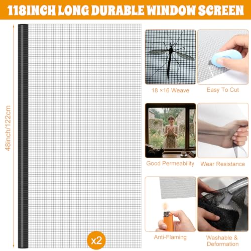 18 Pcs 48"x118" Window Screen Repair Kit Included 2 Rolls Fiberglass Mesh 4"x30ft Screen Repair Tape 8 Clips with Spline, Double Wheel Roller, Hook, Measuring Tape, and Cutter for Door Window - size: 48"x118"