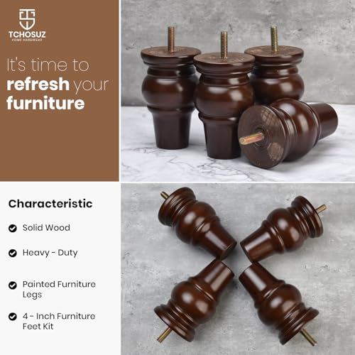 4 inch Solid Wood Bun Feet Walnut 4-Pack with Pre-drilled M8 Bolts - color: Walnut