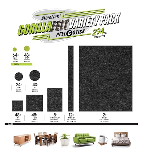 Slipstick Gorilla Felt Furniture Pads (294 Piece Variety Pack) Premium Furniture Pads & Chair Leg Floor Protectors for Hardwood Floors & Hard Surfaces - size: 294 Piece Variety Pack