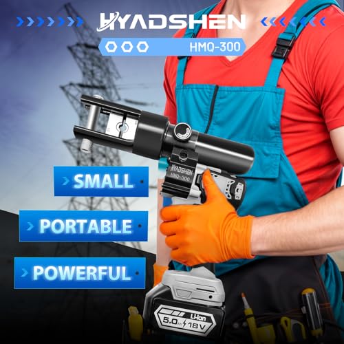 Electric Hydraulic Cable Lug Crimping Tool, Hydraulic Electrical Terminal Cable Lug Wire Crimper Rechargeable Crimping Tool Kits with 11 Dies, 6 AWG to 600 MCM（HMQ-300）