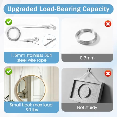Picture Hanging Wire Kit, Adjustable Stainless Steel Frame Wire 2m X 1.5mm, Heavy Duty 90lbs, Picture Hangers with 16pcs Screws and 8pcs Hole D Rings, for Canvas Paintings/ Mirrors/ Frames