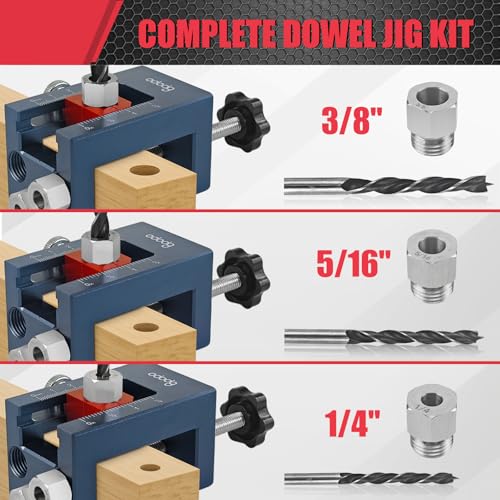 Self-Centering Doweling Jig Kit for Woodworking – Adjustable Width Dowel Jig for Straight Holes with 3 Drill Guide Bushings & 3 Drill Bits (1/4'',3/8'',5/16'')，Woodworking Joints Tools