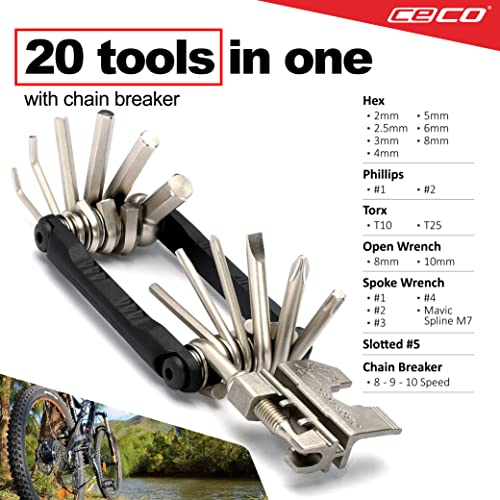 CECO USA 20 Function Bike Tool with Chain Breaker, Bicycle Multi Tool, Heavy Duty, Compact Pocket Sized, Lightweight, High Strength CR-V 6150 Tool Steel, Easy To Carry, Case Pouch Included