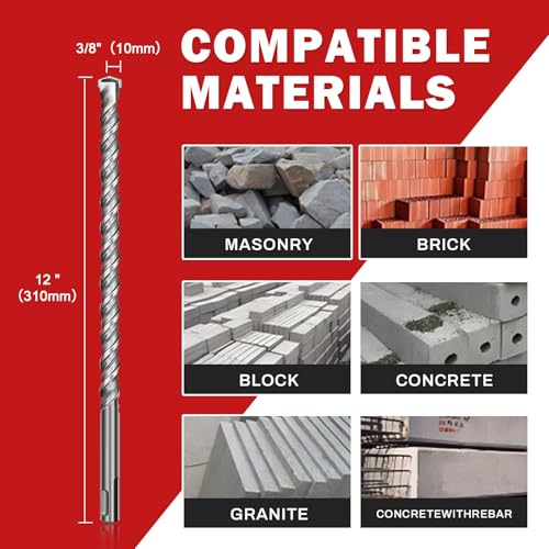 SDS Plus Rotary Hammer Drill Bit Set - 2-Piece 3/8" x 12 "Concrete Masonry Drill Bits for Brick, Cement & Stone - Durable Alloy Tip, Fast Drilling - size: 3/8" x 12 "