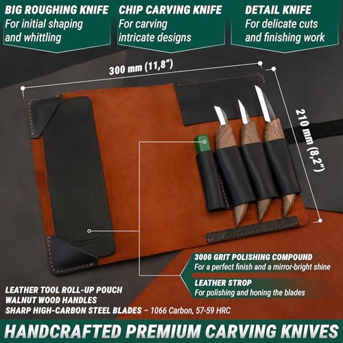 BeaverCraft Wood Carving Knife Set Deluxe S15X - Wood Carving Kit with Detail Chip Knife, Sloyd Roughing Whittling Knives & Leather Strop - Whittling Tools Set with Leather Case for Carvers