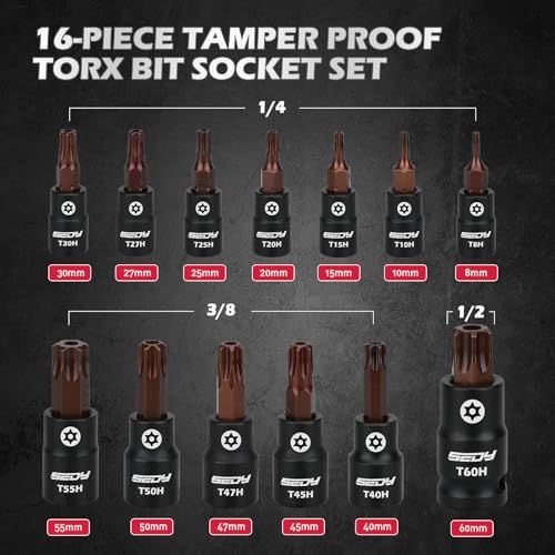 16 - Piece Tamper Proof Torx Star Bit Socket Set – T8-T60, 1/4", 3/8", 1/2" Drive with Magnetic Organizer, Includes Adapters for Garage & Workshop Use - color: 16pcs Torx T8–t60 +Mag Rail