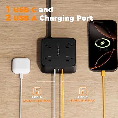 TESSAN Surge Protector Power Strip with 900J Surge Protection, 10 Ft, Black - color: Black with 1 USB C, size: 10 feet