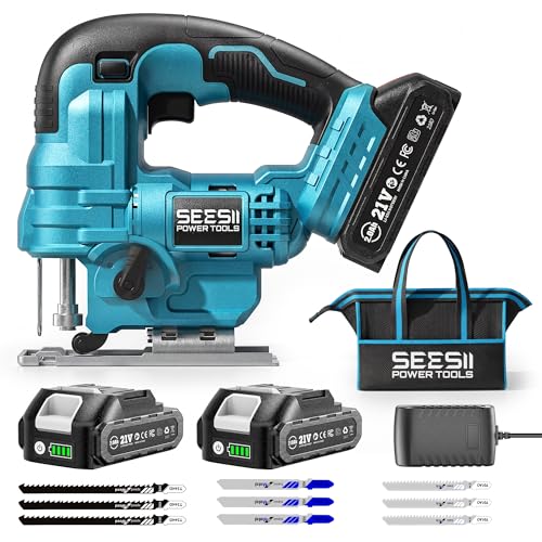 SEESII Jig Saw, Cordless Jigsaw Tool with 2×2.0Ah Batteries and Charger - color: Blue