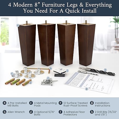 Airy Abode Premium Walnut Square Furniture Legs (Full Install Kit) - Pick Your Size and Color - color: Brown, size: 8 Inches