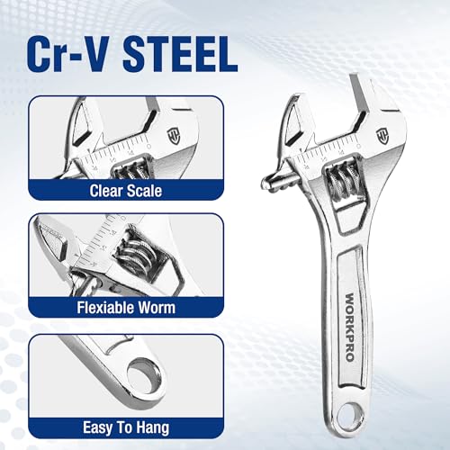 WORKPRO 4" Mini Adjustable Wrench, Cr-V Steel, Compact Design - color: Silver, size: 4 inch