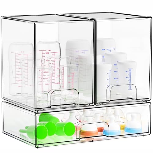 Yieach 3 Set Clear Baby Bottle Organizer for Countertop,BPA FREE Bottle Station Organizer for Breast Pump Parts,Pacifier and Baby Accessories,Stackable Drawers for Bathroom,Cabinet,Pantry Organization - style: 3 PACK