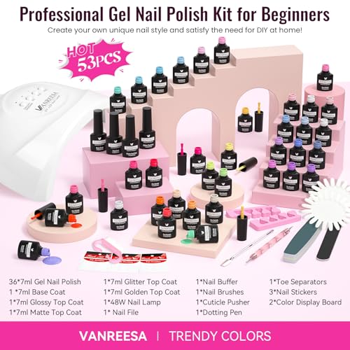 VANREESA Gel Nail Polish Kit with U V Light 53 Pcs Gel Polish Nail Set 36 Sweet Colors Nail Polish Set with Base Coat and 4 Effects Top Coat Manicure Tools Complete Nail Kit Gifts for Women Girls - color: Sweet Juice
