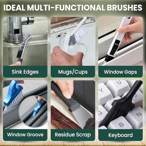 14 Pcs Crevice Cleaning Brush Set – Hard Bristle Cleaning Tools for Grout, Tile Floors, Gaps & Narrow Spaces – Multi-Purpose Grout Scrub Brush for Cleaning Bathroom, Shower, Window Tracks, Kitchen - color: White, Black, Red, Yellow, Pink & Green