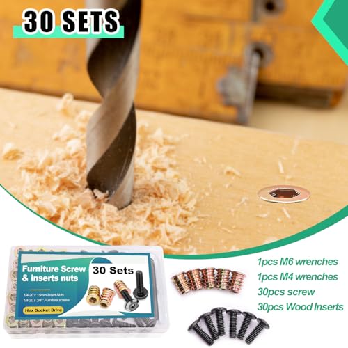 Twidec/30 Sets 1/4-20x15mm Threaded Inserts for Wood Furniture Screw Nut Kit Bolt Fastener Connector with 1/4-20x20mm Screw-in Nuts and Hex Wrench N-083-30set - size: 1/4"-20 x 15mm with Bolts (30 Sets)