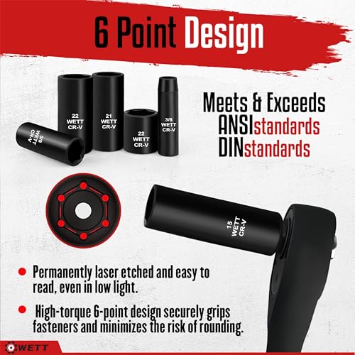 WETT 50Pcs 3/8" Drive Impact Socket Set, SAE/Metric, Deep/Shallow Sockets, with Adjustable Ratchet Handle, Extension Bar, Universal Joint, Adapter & Reducer, Cr-V Steel,(5/16"-3/4", 8-22mm) - size: 3/8" Drive Impact Socket Set (50pcs)