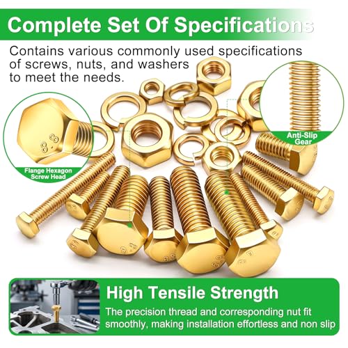 Twidec/1505PCS Metric Bolt Assortment M4/M5/M6/M8 Length 12-40mm Grade 8.8 - color: Golden 1505PCS M4 M5 M6 M8