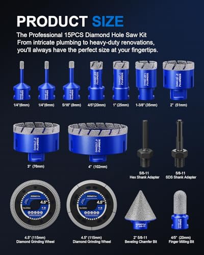 15Pcs Diamond Hole Saw Kit, Tile Hole Saw Kit for Quartz & Granite | 9 Hole Saws (1/4" to 4"), Finger Bit & Chamfer Bit Included, Hex & SDS Plus Adapters, Vacuum Brazed Diamond - size: 1/4",5/16",4/5",1",1-3/8",2",3",4"