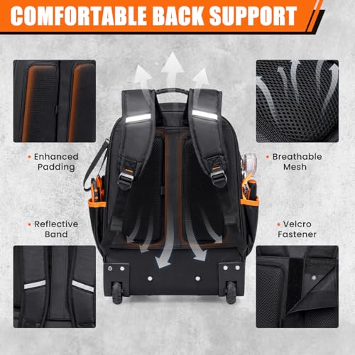 AUROPEAK Rolling Tool Backpack, 63 Pocket Heavy Duty Tool Bag with Wheels - size: 1.38" Wheel